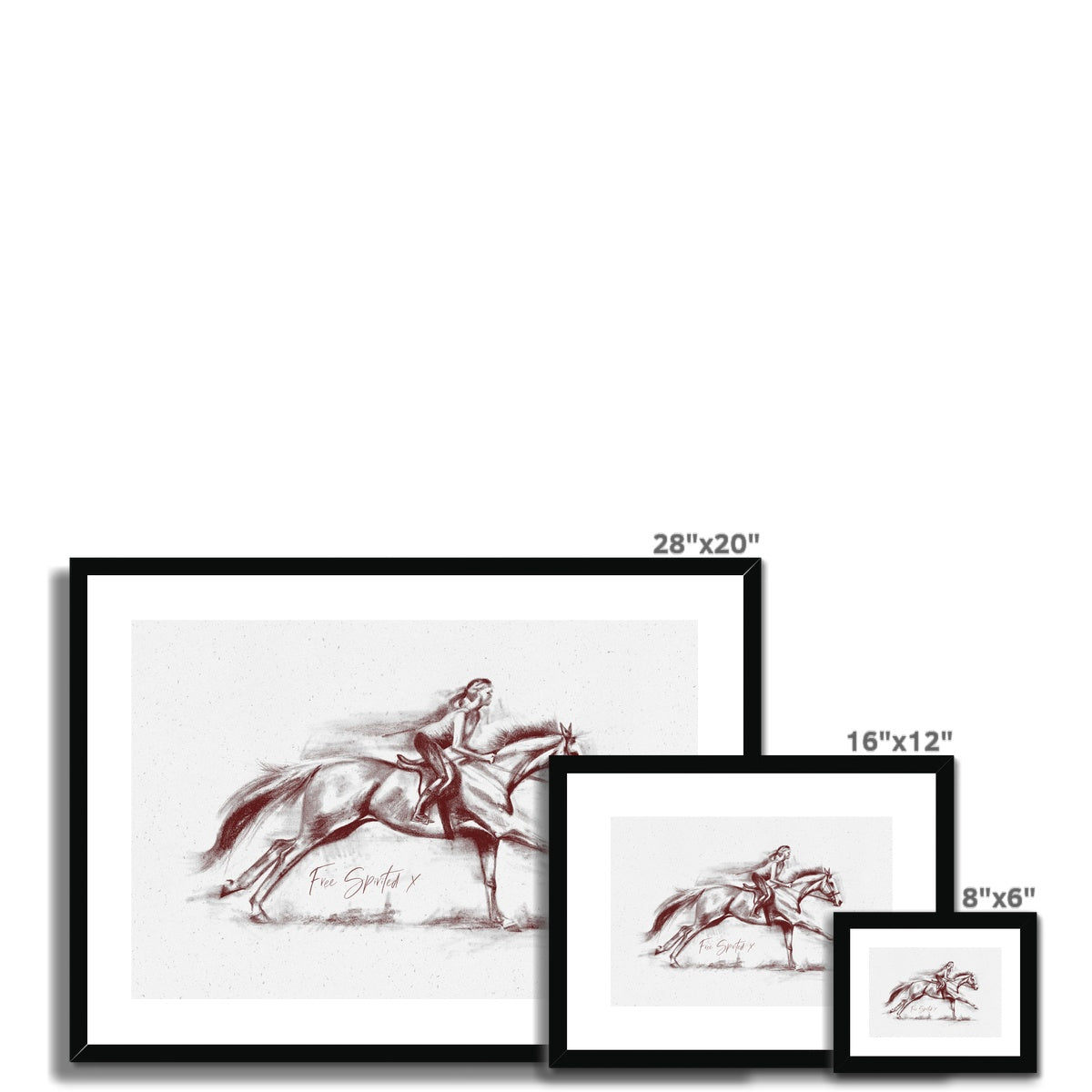 3 different sizes of Free spirit horse and rider galloping with black frame