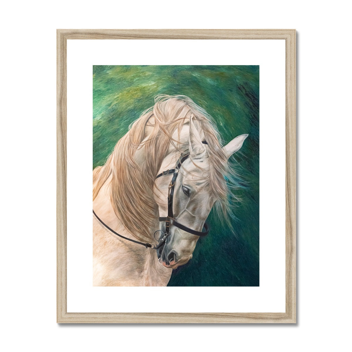 Grey horse on green background with wood look frame