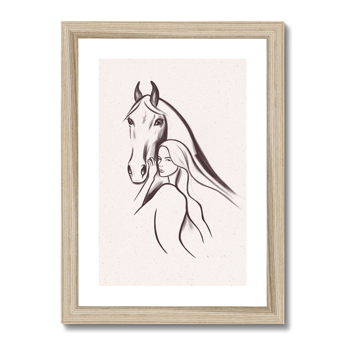 Line drawing of woman and horse, simplistic artwork, frame and mounted with wood look frame