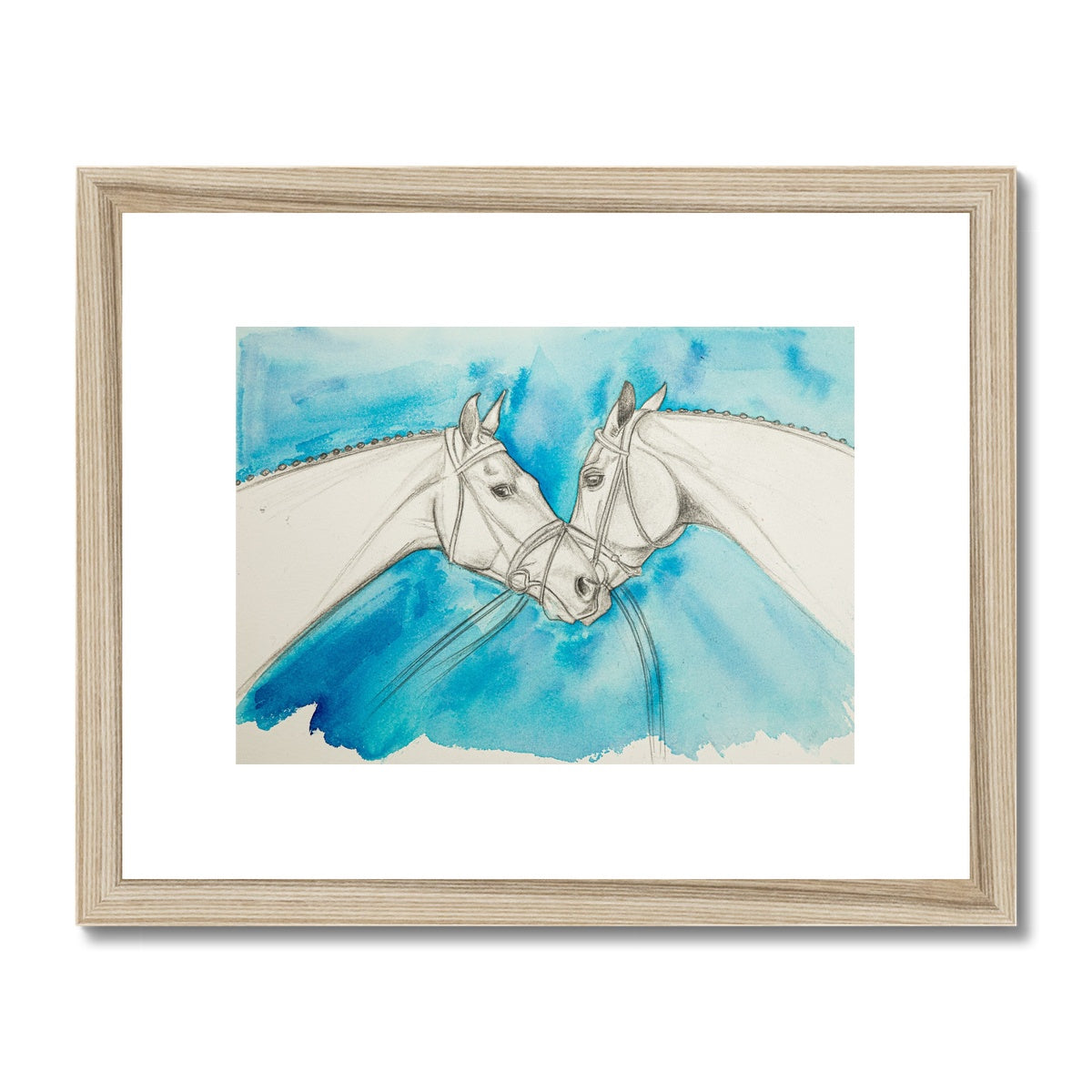 Two racehorses chatting sketch with a blue background, framed and mounted with a wood look frame