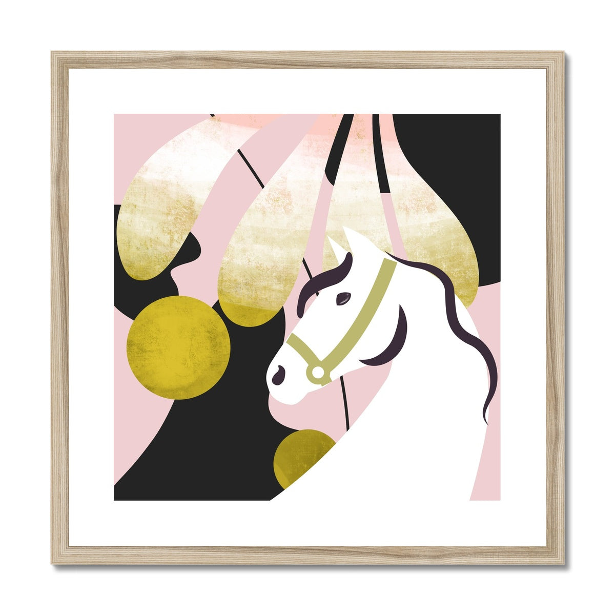 abstract painting including horse with shapes in the background, wood look frame