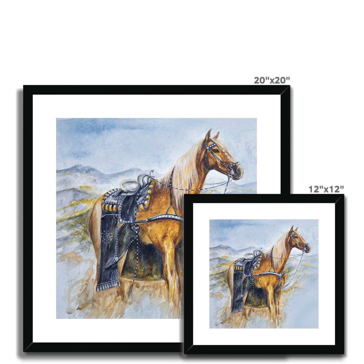 two different sizes of Western horse watercolour painting, framed and mounted print with black frame