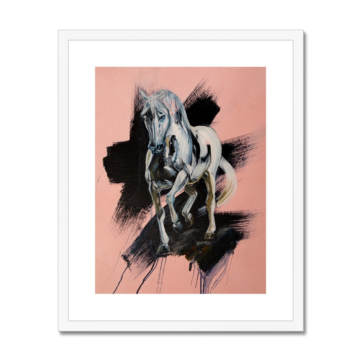 White horse trotting towards you, pink background with black splash portrait. Framed and mounted print with white frame