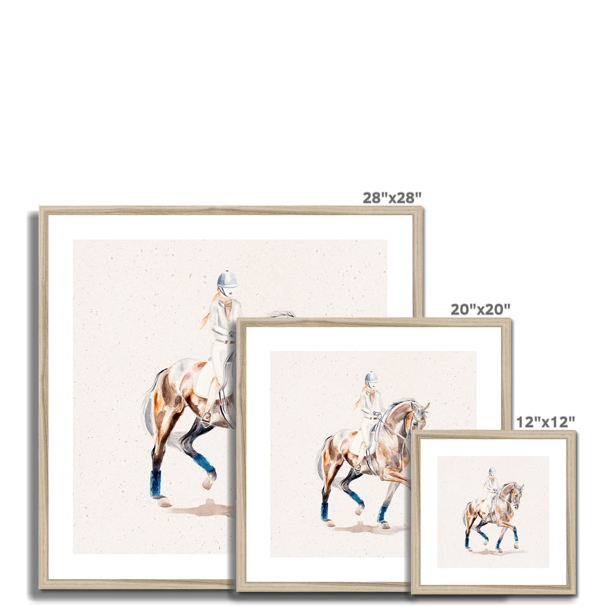 3 different sizes of Dressage horse trotting painting, framed & mounted with a wood look frame