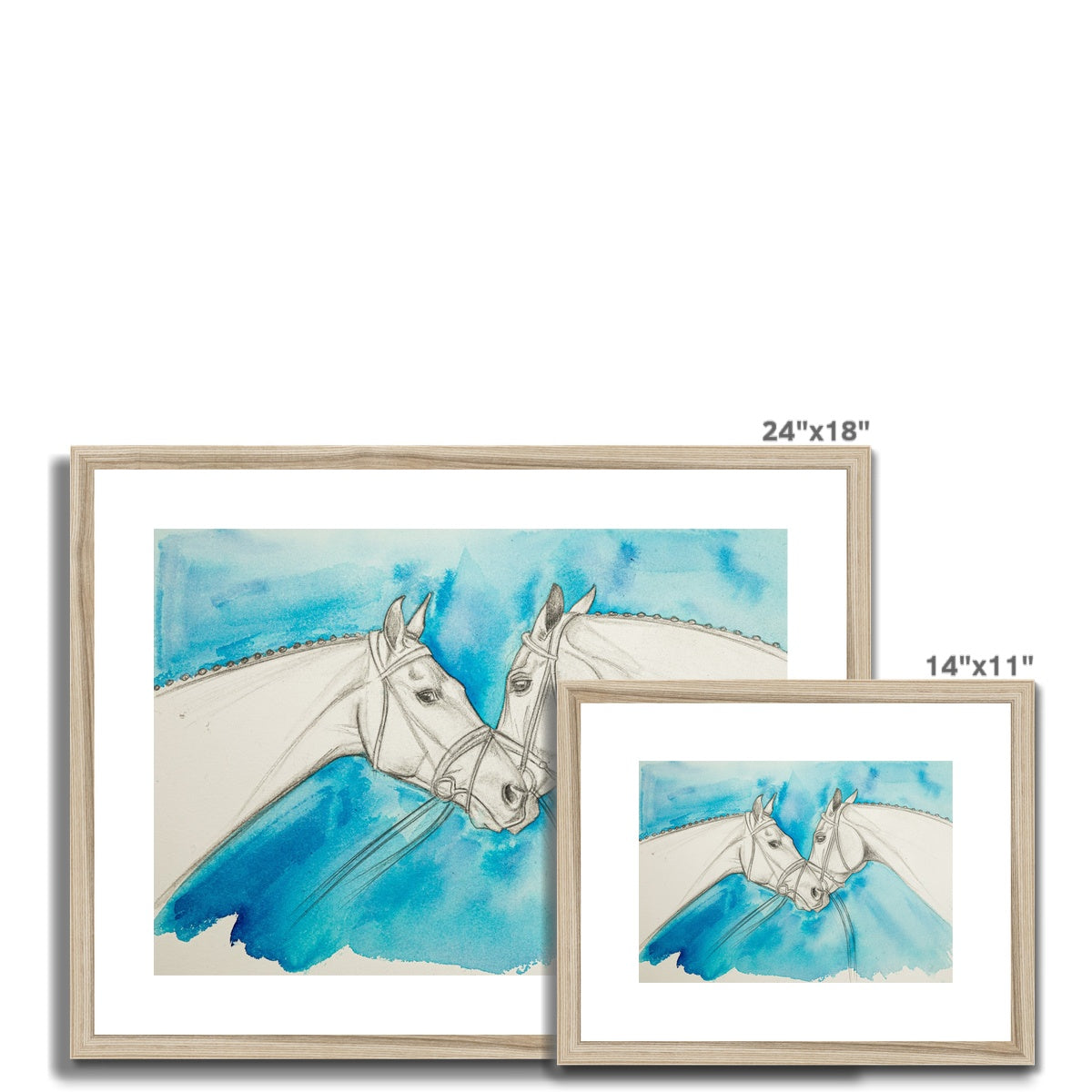 2 different sizes of Two racehorses chatting sketch with a blue background, framed and mounted with a wood look frame