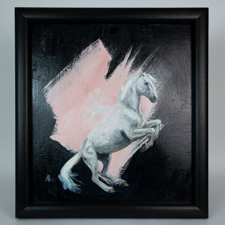 Rearing white horse on black background with pink splash frames and mounted oil painting on wood 