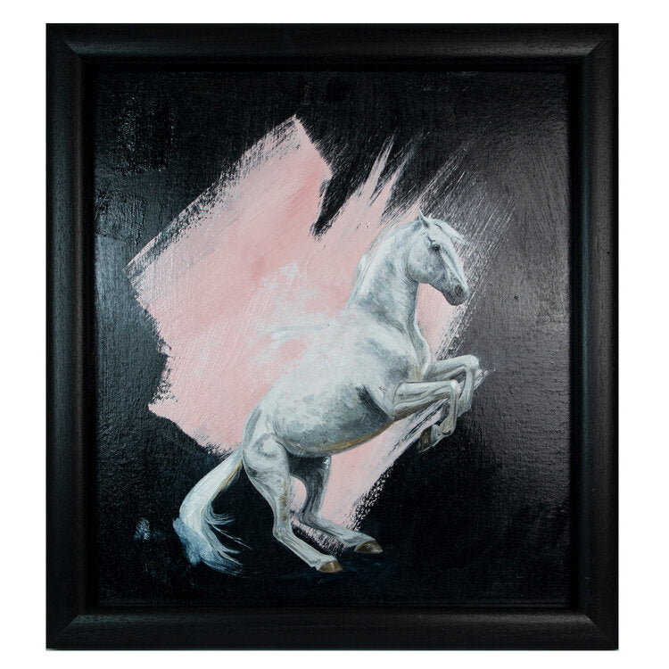 Rearing white horse on black background with pink splash frames and mounted oil painting on wood with black frame