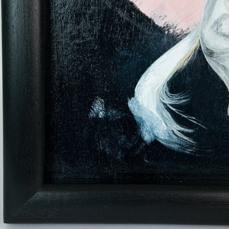 corner of Rearing white horse on black background with pink splash frames and mounted oil painting on wood with 