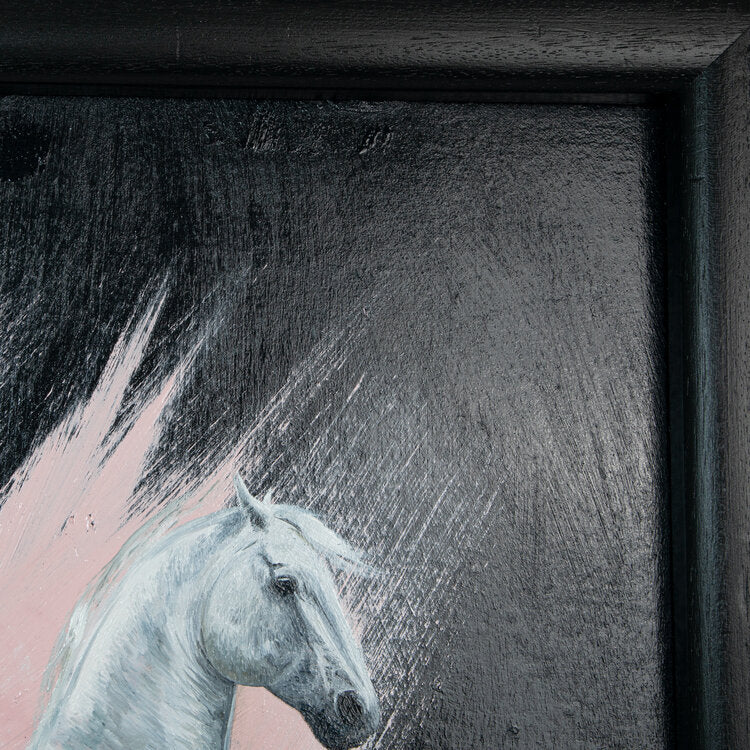 corner of Rearing white horse on black background with pink splash frames and mounted oil painting on wood with 